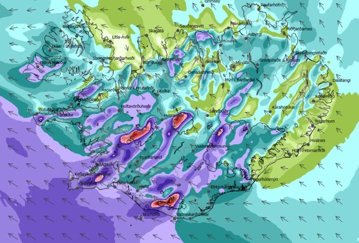 Vindaspáin fyrir klukkan 18 í dag. Hvasst verður sunnan og suðvestanlands þegar líður á daginn.