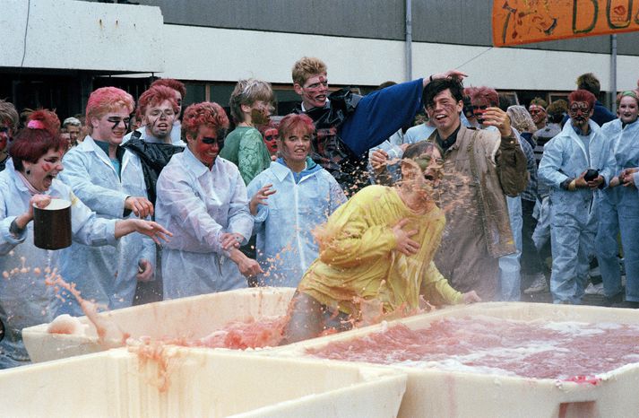 Löng hefð er fyrir busavígslum hér á landi. Þessi ljósmynd er frá busavígslu í FB árið 1987.