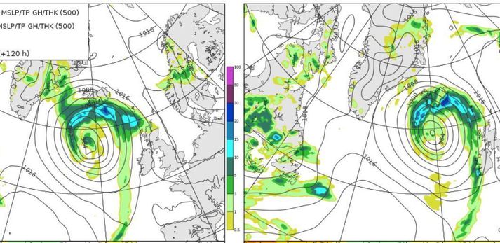 Veðurlíkön evrópsku reiknimiðstöðvarinnar (t.v.) og bandarísku GFS spárinnar (t.h.) eru nokkuð samstíga um spána næstu helgi.