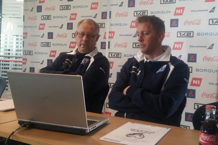 Lars Lagerbäck og Heimir Hallgrímsson á fundinum í dag.