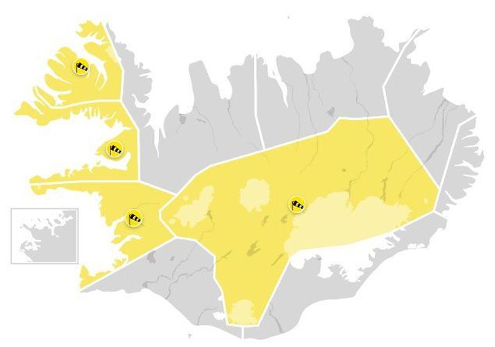 Gular viðvaranir eru í gildi á nokkrum stöðum á landinu á morgun.