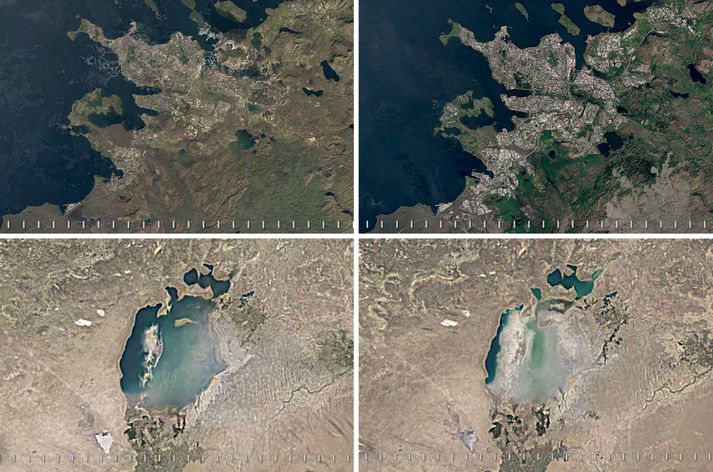 Reykjavík árin 1984 og 2016 og Aral haf.