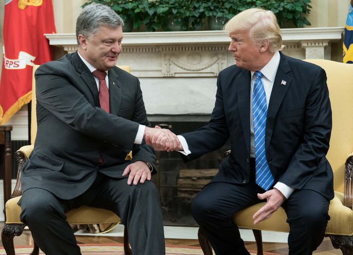 Porosjenkó og Trump hittust í Hvíta húsinu 20. júní í fyrra. Úkraínsk stjórnvöld greiddu lögmanni Trump hundruð þúsunda dollara fyrir að koma fundinum í kring.
