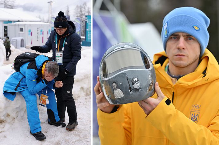 Vladyslav Heraskevych sýnir hjálminn sem IOC neitaði að samþykkja. Pabbi hans var miður sín þegar niðurstaðan lá fyrir.
