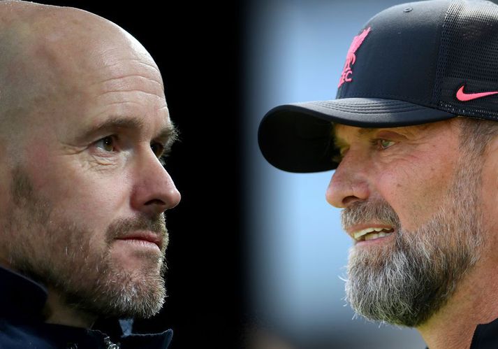 Erik ten Hag og Jürgen Klopp verða á hliðarlínunni á Old Trafford í kvöld þegar Manchester United og Liverpool mætast í leik þar sem bæði lið þurfa sárlega á sigri að halda.