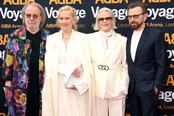 Benny Andersson, Agnetha Fältskog, Anni-Frid Lyngstad og Bjorn Ulvaeus, meðlimir ABBA á frumsýningunni.