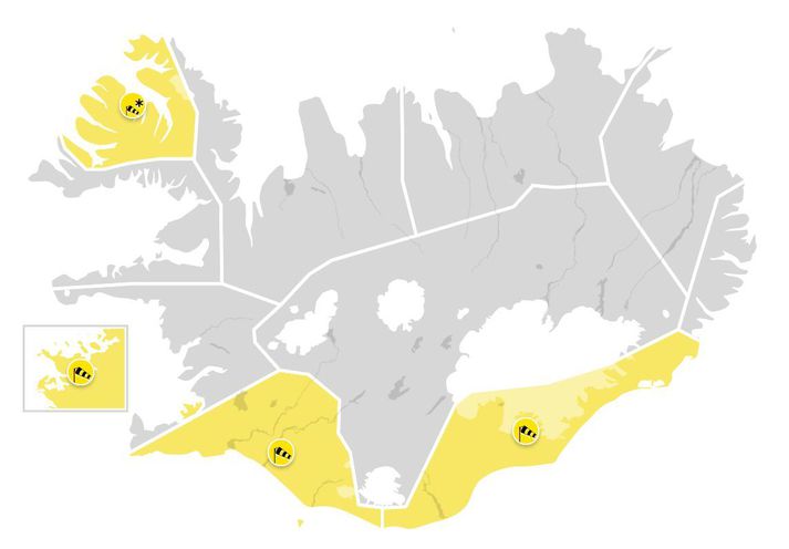 Gular viðvaranir hafa verið gefnar út í fjórum landshlutum.