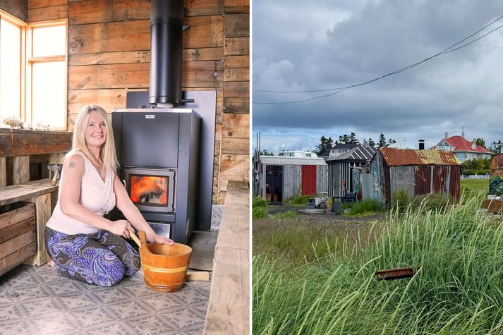 Vala Baldursdóttir (t.v.) opnaði gufubað í grásleppuskúr sem Reykjavíkurborg gerði upp fyrir nokkrum árum. Gufubaðið er í svarta skúrnum á miðri myndinni hægra megin.