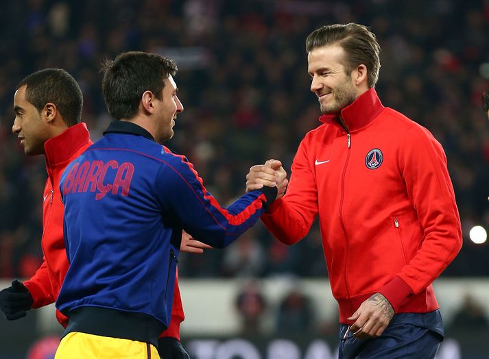 Beckham og Messi fyrir leik PSG og Barcelona í Meistaradeildinni 2013.