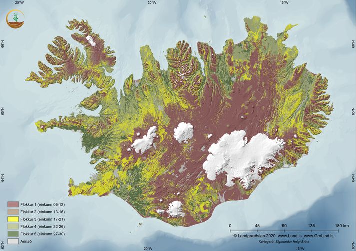 Rauðbrúni liturinn táknar þann flokk þar sem ástandið er metið verst.