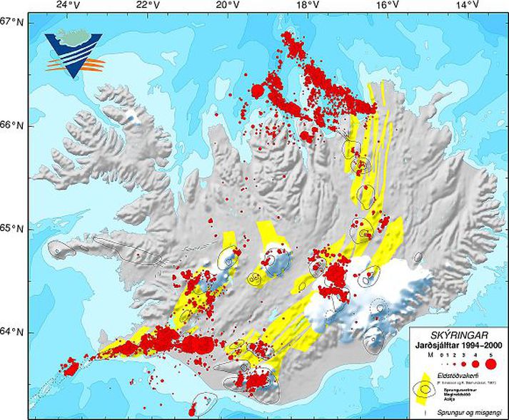 Þessi skýringarmynd Veðurstofunnar sýnir jarðskjálftavirkni hérlendis vel. Mælakerfið gefur mikilvægar upplýsingar um hreyfingar jarðskorpunnar.
mynd/veðurstofan