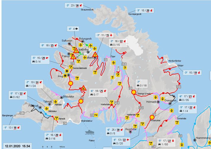 Mikið erum lokanir, sérstaklega á fjallvegum Vestfjarða.