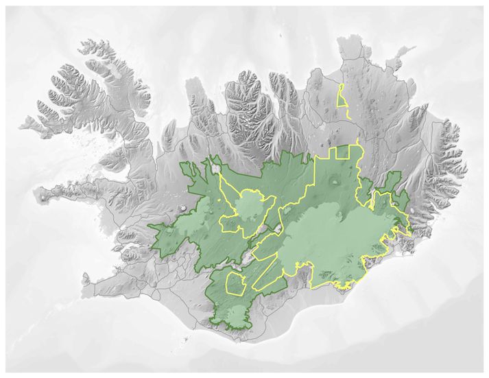 Hér má sjá stærð hálendisþjóðgarðsins miðað við frumvarpið en þegar friðlýst svæði eru gullituð. Þjóðgarðurinn næði yfir 30% landsins. Ekkert virðist ætla að verða af afgreiðslu málsins á þessu þingi.