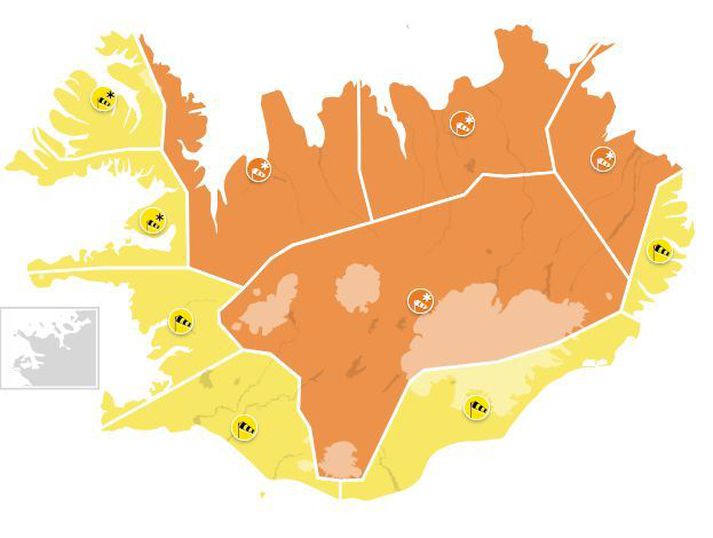 Svona er viðvörunarkortið fyrir sunnudaginn.