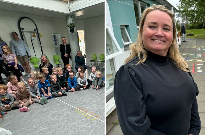 Börnin á Sólborg tóku vel á móti fréttastofunni og sungu nokkur lög, sem sjá má í innslaginu hér í fréttinni. Margrét Gígja, leikskólastjóri er til hægri. 