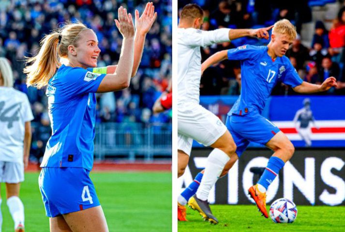 Glódís Perla Viggósdóttir og Hákon Arnar Haraldsson í leik með íslensku landsliðunum á árinu 2022.