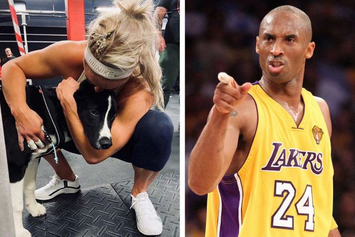 Sara Sigmundsdóttir með Mola sínum en til hægri er Kobe Bryant.