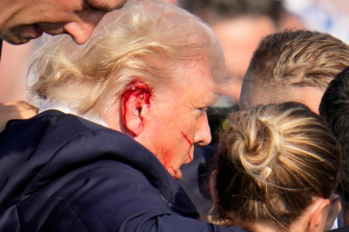 Donald Trump var fylgt af sviðinu eftir árásina í Butler í Pennsylvaníu þann 13. júlí síðastliðinn.