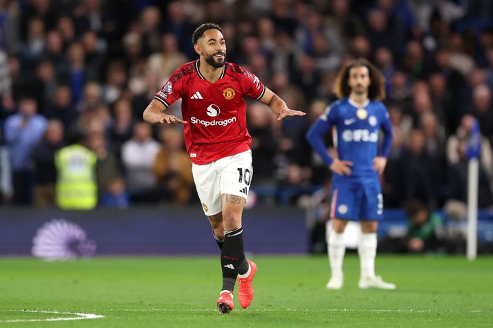 Matheus Cunha fagnar hér sigurmarki sínu fyrir Manchester United í kvöld.