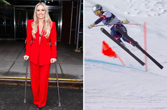 Lindsey Vonn er á hækjum í dag eftir slysið skelfilega á Vetrarólympíuleikunum.
