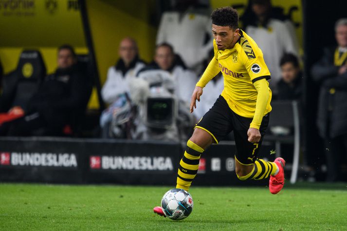 Jadon Sancho á fleygiferð í leik með Borussia Dortmund.