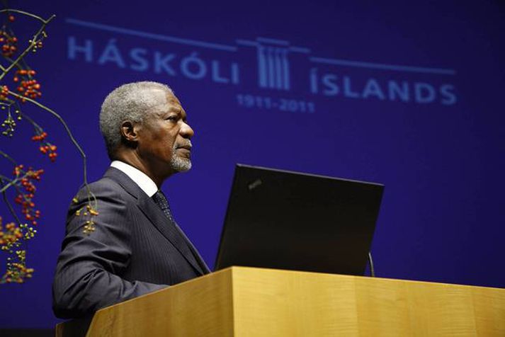 Kofi Annan flutti fyrirlestur í Háskóla Íslands í dag.