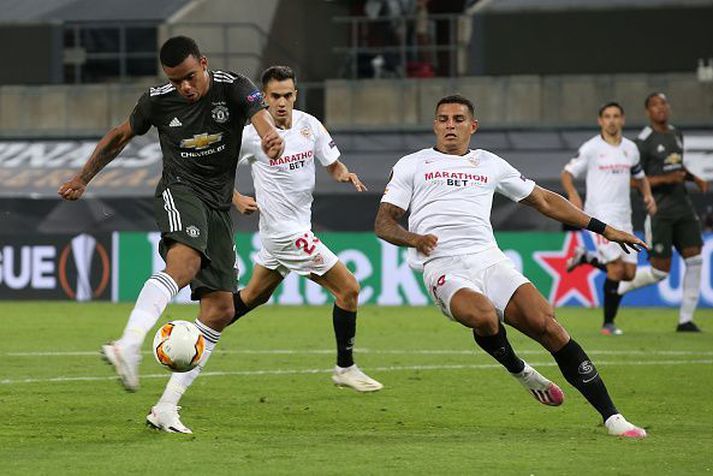 Mason Greenwood reynir eitt af fjölmörgum skotum United í gær.