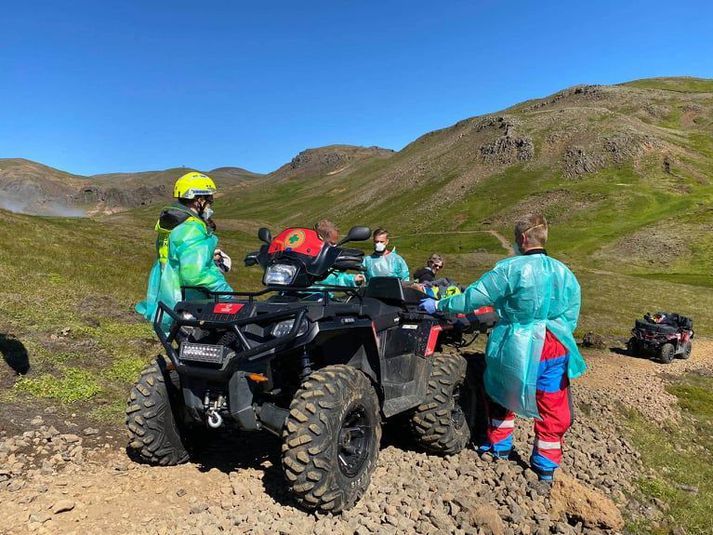 Sexhjól voru notuð við björgunaraðgerðirnar í Reykjadal í dag.