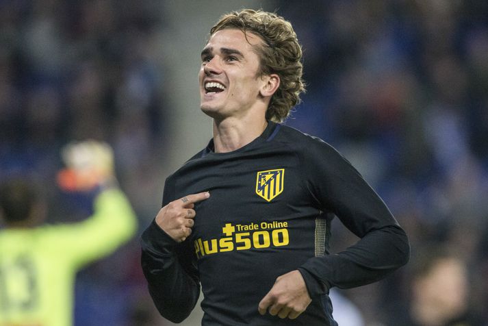 Griezmann fagnar 100. markinu í efstu deild á Spáni í gær.