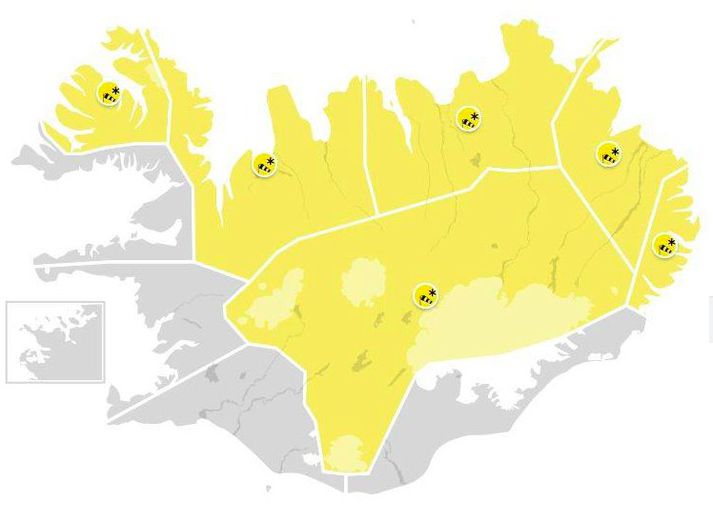 Gul viðvörun er víða á landinu um helgina.