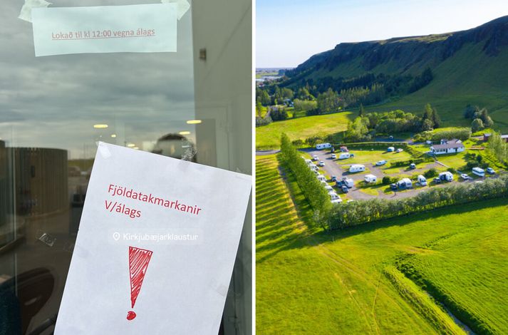 Skilti hefur verið sett upp í sundlauginni á Kirkjubæjarklaustri þar sem annar hver Íslendingur virðist hafa gert sér ferð í blíðskaparveður.