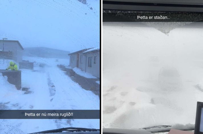 Sorphirðufólk við vinnu í morgun við krefjandi aðstæður. 