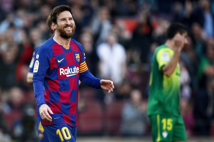 Lionel Messi var glaðbeittur á Camp Nou í dag enda gekk honum allt í haginn.