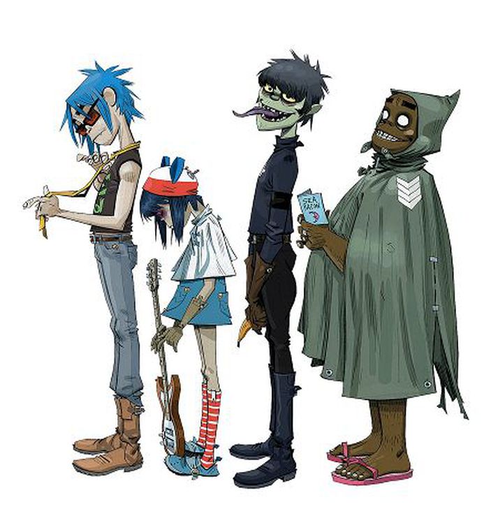 „Meðlimir“ GOrillaz Þau 2D, Noodle, Murdoc og Russel.