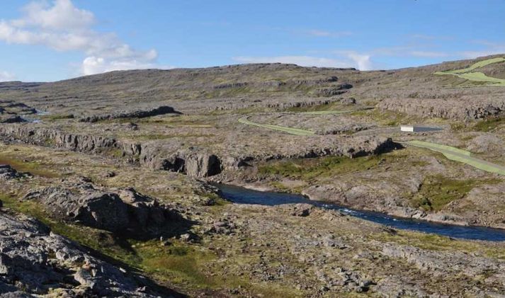 Stöðvarhús Hvalárvirkjunar verður neðanjarðar. Inn á þessa mynd er búið að teikna aðkomubyggingu stöðvarhússins til hægri og fyrirhugaðan veg upp á heiðina.