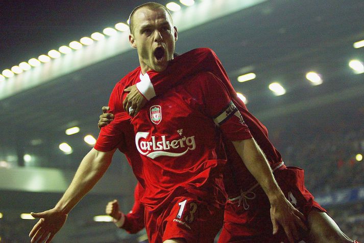 Danny Murphy fagnar marki með Liverpool í leik árið 2003. Hann var leikmaður félagsins frá 1997 til 2004.