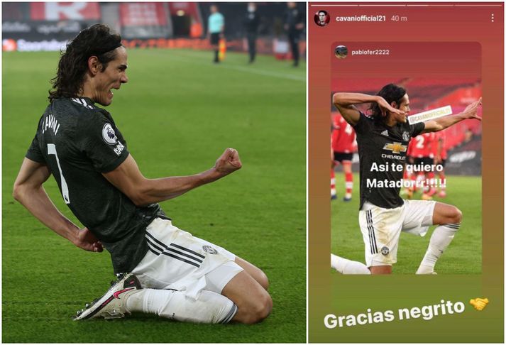 Edinson Cavani skoraði tvö lagleg mörk fyrir Manchester United gegn Southampton en gæti verið í vandræðum vegna þess sem hann skrifaði í Instastory eftir leik.