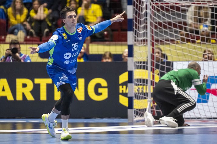 Domen Makuc fagnar einu marka sinna fyrir slóvenska landsliðið í dag.