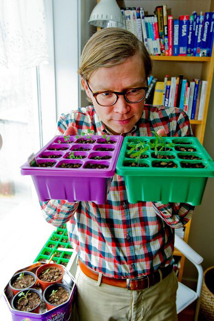 Gísli Marteinn Baldursson borgarfulltrúi og fjölskylda skemmta sér vel yfir því að uppskera eins og þau sá en þau eru að rækta um ellefu tegundir af kryddjurtum og grænmeti í stofuglugganum. 