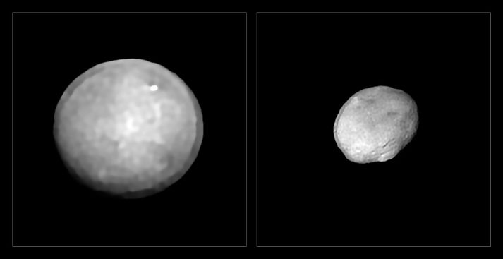 Ceres (t.v.) og Vesta (t.h.), tvö stærstu fyrirbærin í smástirnabeltinu á milli Mars og Júpíters. Smástirnin reyndust þau eðlisþyngstu af þeim sem voru skoðuð í rannsókninni.