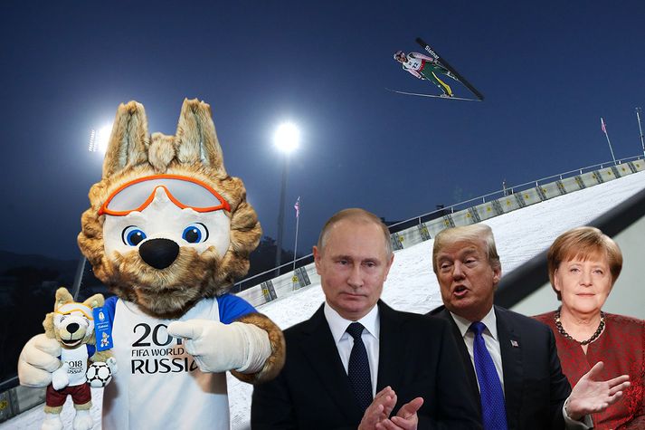 Vladimír Pútín, Donald Trump, Angela Merkel og Zabivaka, lukkudýr HM í Rússlandi, verða öll í fréttum á árinu.