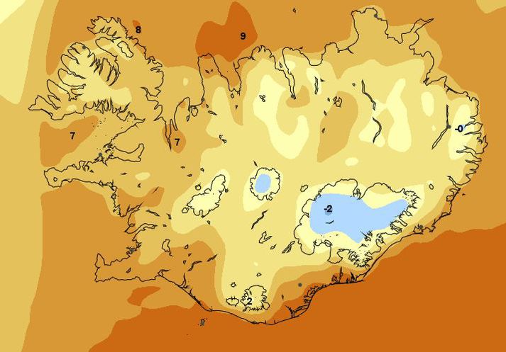 Svona lítur hitakort Veðurstofu Íslands út fyrir hádegi á laugardag.