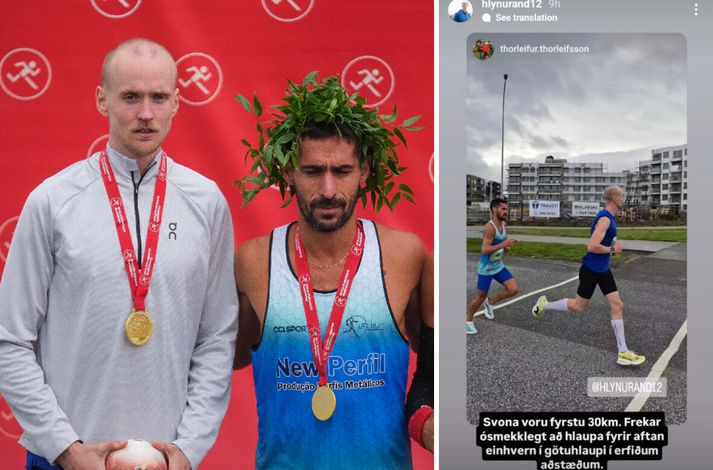 Hlynur Andrésson og José Sousa á verðlaunapallinum. Eins og sjá má á skjáskotinu hægra megin var Hlynur ekki ánægður með að Sousa skyldi nýta hann sem skjól fyrstu 30 km hlaupsins.