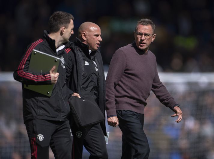 Ralf Rangnick (lengst til hægri) ásamt aðstoðarmönnum sínum Ewan Sharp og Chris Armas.