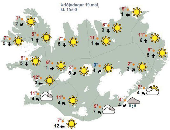 Væntanlega verður hlýjast á Vesturlandi í dag, um 13-14 stig þar sem best lætur.