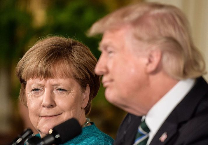 Angela Merkel Þýskalandskanslari og Donald Trump Bandaríkjaforseti að loknum fundi sínum í Washington fyrir helgi.