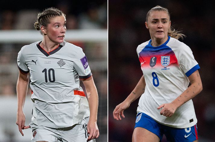 Karólína Lea Vilhjálmsdóttir leikmaður Íslands og Georgia Stanway leikmaður Englands
