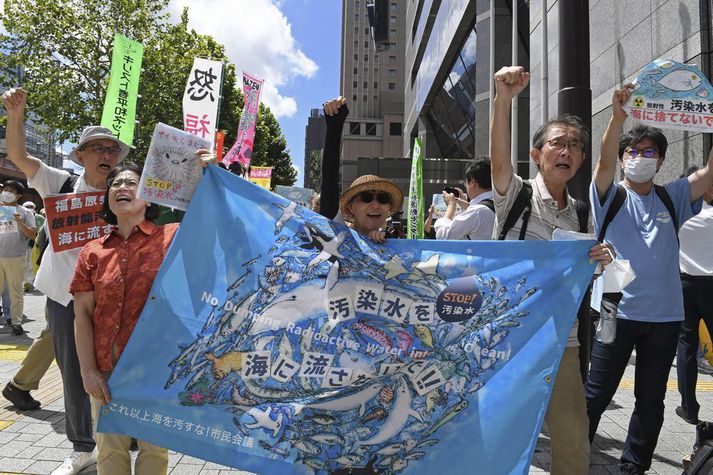 Protesters hold a banner which reads "No dumping radioactive water into the ocean" during a rally against the treated radioactive water release from the damaged Fukushima nuclear power plant, in front of Tokyo Electric Power Company Holdings (TEPCO) headquarters, Thursday, Aug. 24, 2023, in Tokyo. (AP Photo/Norihiro Haruta)