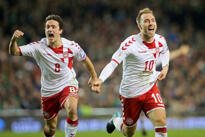 Eriksen og Thomas Delaney fagna í kvöld.