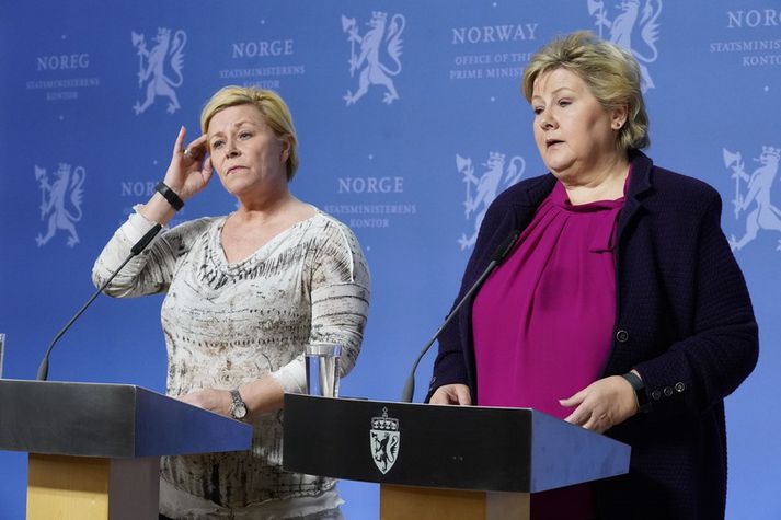 Siv Jensen, fjármálaráðherra og formaður Framfaraflokksins, og Erna Solberg, forsætisráðherra og formaður Hægriflokksins.